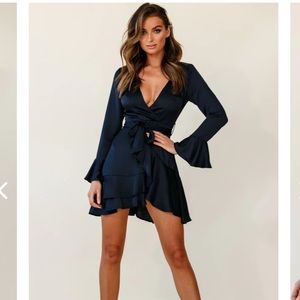 Khandi Long Sleeve Ruffle Wrap Dress - Navy